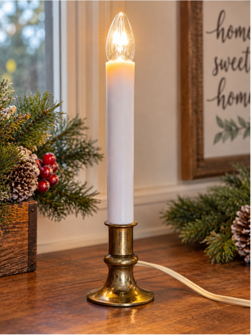 Vintage 1970s Electric Window Candle Brass Tone Candlestick Light 8" Working